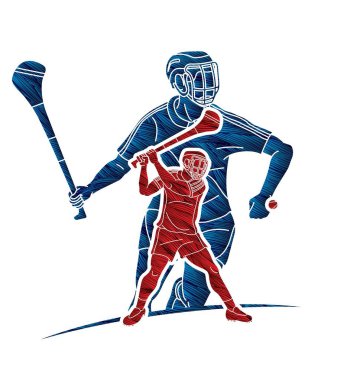 Hurling Sport Players Action Grubu. İrlanda Hurley Spor Çizgi Filmi Grafik Vektörü.