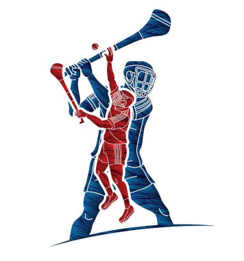 Hurling Sport Players Action Grubu. İrlanda Hurley Spor Çizgi Filmi Grafik Vektörü.