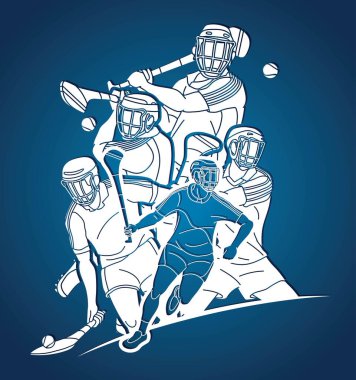 Hurling Sport Players Action Grubu. İrlanda Hurley Spor Çizgi Filmi Grafik Vektörü.