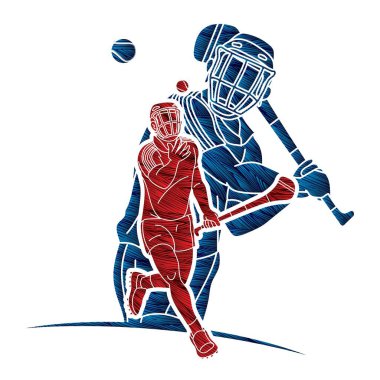 Hurling Sport Players Action Grubu. İrlanda Hurley Spor Çizgi Filmi Grafik Vektörü.