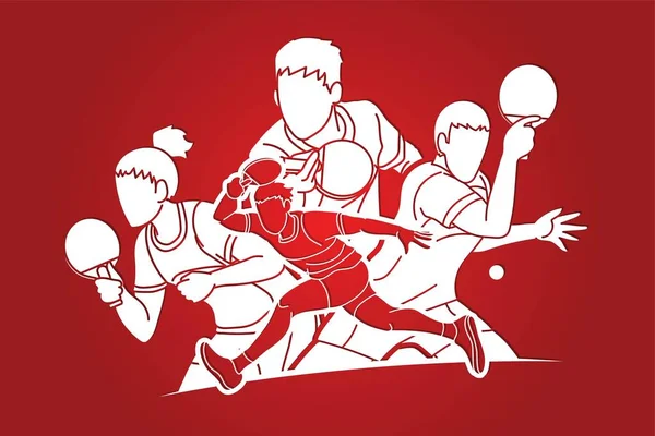 Groupe Joueurs Ping Pong Joueurs Tennis Table Action Dessin Animé — Image vectorielle