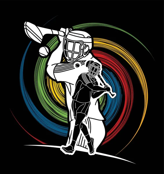 ハーリングスポーツ選手アクションのグループ アイルランドのハーレースポーツ漫画グラフィックベクター — ストックベクタ