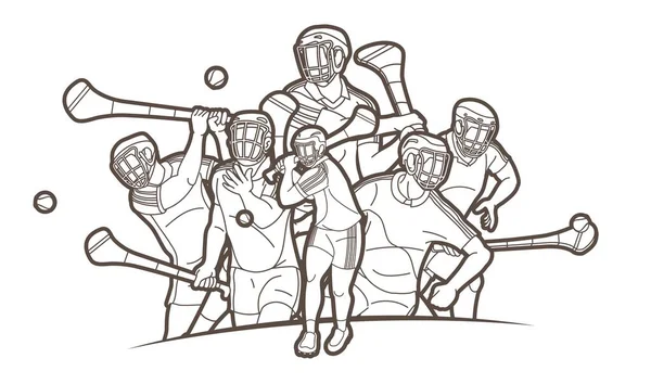 Grupo Jugadores Deportivos Hurling Acción Vector Gráfico Dibujos Animados Irlandés — Archivo Imágenes Vectoriales