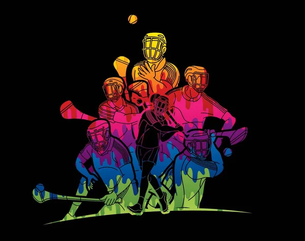 Grupo Hurling Sport Players Ação Irish Hurley Sport Cartoon Vetor — Vetor de Stock