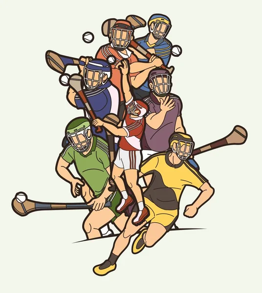 Grupa Hurling Sport Graczy Działania Irlandzki Hurley Sport Cartoon Graphic — Wektor stockowy