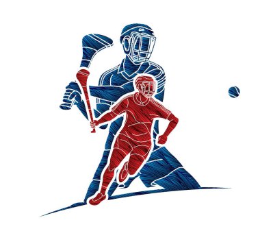 Hurling Sport Players Action Grubu. İrlanda Hurley Spor Çizgi Filmi Grafik Vektörü.