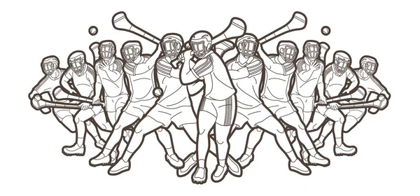 Grupo Jugadores Deportivos Hurling Acción Vector Gráfico Dibujos Animados Irlandés — Vector de stock
