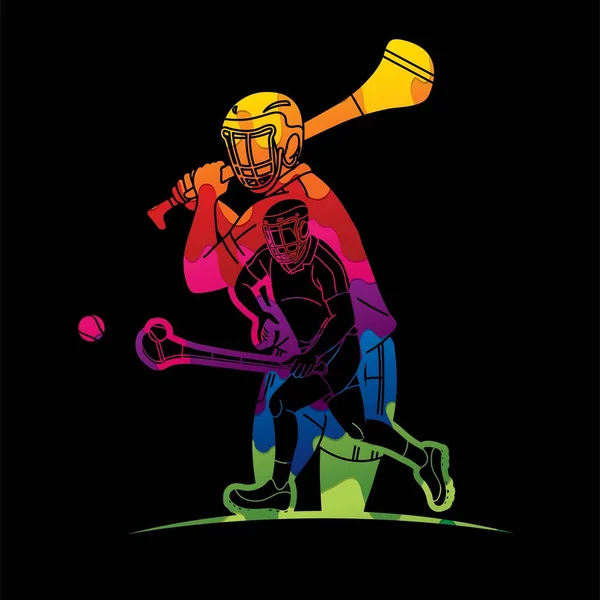 Grupo Hurling Sport Players Ação Irish Hurley Sport Cartoon Vetor — Vetor de Stock