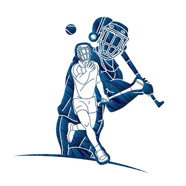 Grupa Hurling Sport Graczy Działania Irlandzki Hurley Sport Cartoon Graphic — Wektor stockowy