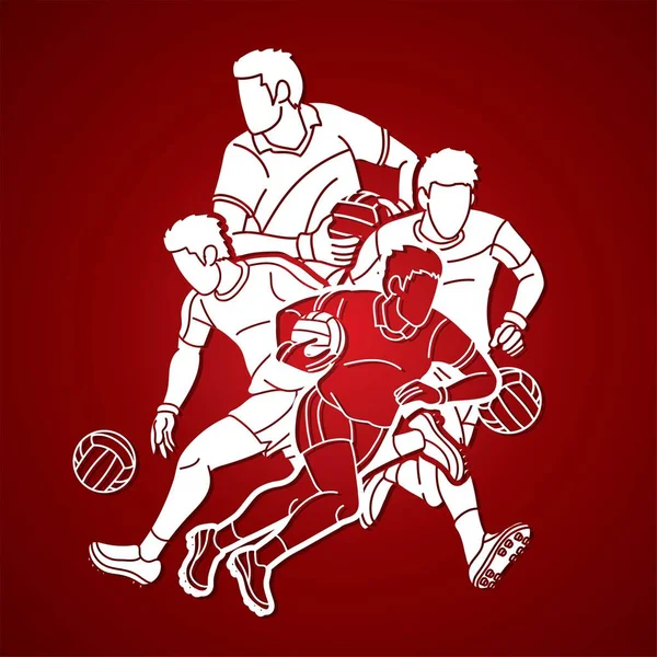 Grupo Fútbol Gaélico Hombres Jugadores Acción Dibujos Animados Vector Gráfico — Vector de stock