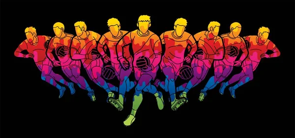 Grupo Fútbol Gaélico Hombres Jugadores Acción Dibujos Animados Vector Gráfico — Archivo Imágenes Vectoriales