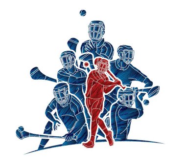 Irish Hurley Sport. Group of Hurling Sport Players Action. Cartoon Graphic Vector. clipart