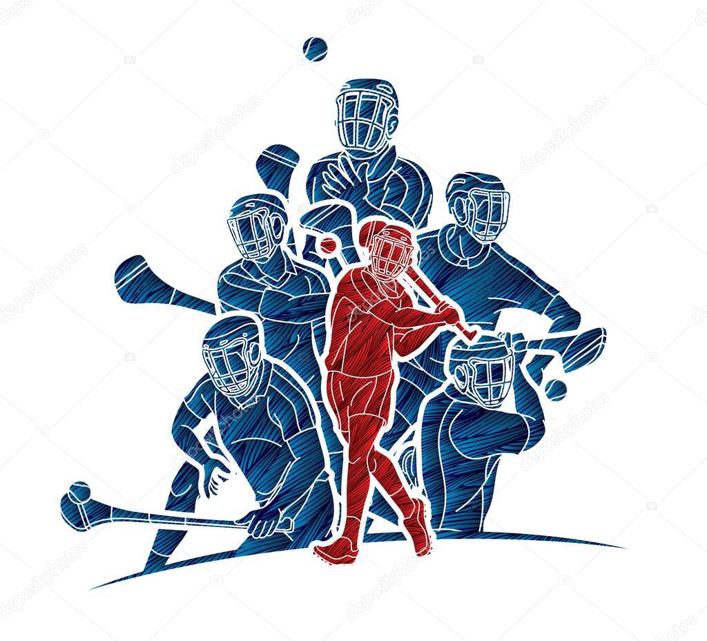 Irish Hurley Sport. Group of Hurling Sport Players Action. Cartoon Graphic Vector.