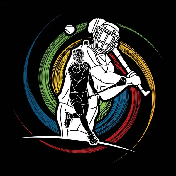 Irlandzki Hurley Sport Grupa Hurling Sport Graczy Działania Wektor Graficzny — Wektor stockowy