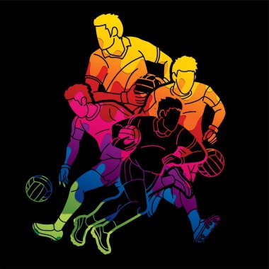 Gaelic Football Men Players Action Çizgi Film Vektörü Grubu.