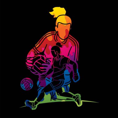 Galyalı Futbolcu Kadın Oyuncular Grubu Spor Eylem Çizgi Filmi Grafik Vektörü.