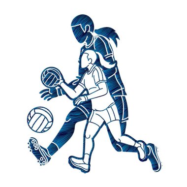 Galyalı Futbolcu Kadın Oyuncular Grubu Spor Eylem Çizgi Filmi Grafik Vektörü.