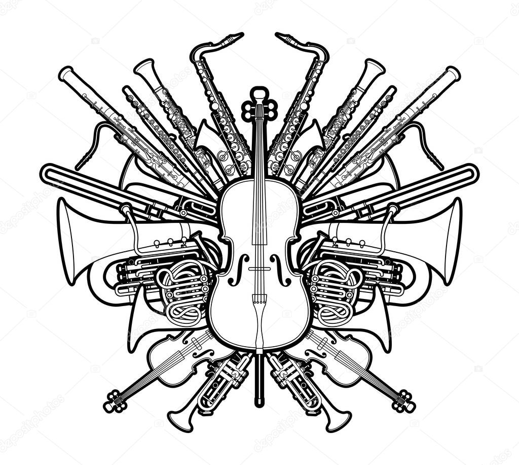 Orchestra Instruments Set Cartoon Outline Graphic Vector