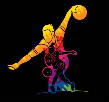 Bowling Spor Oyuncuları Grubu Erkek ve Kadın Karikatür Vektörü