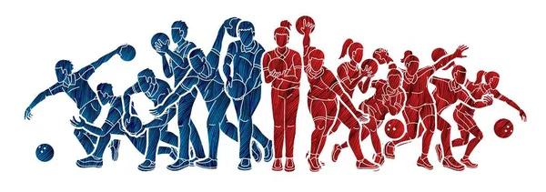 Groupe Joueurs Bowling Sport Hommes Femmes Pose Cartoon Graphic Vector — Image vectorielle