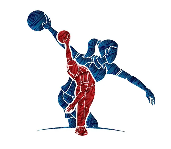 ボウリングスポーツ選手男性と女性ポーズ漫画グラフィックベクター — ストックベクタ
