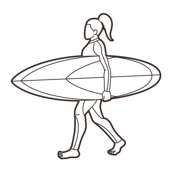 Surf Deporte Jugadora Femenina Dibujos Animados Esquema Vector Gráfico — Archivo Imágenes Vectoriales