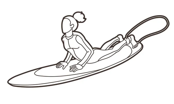 Szörfözés Sport Női Játékos Rajzfilm Vázlat Grafikus Vektor — Stock Vector