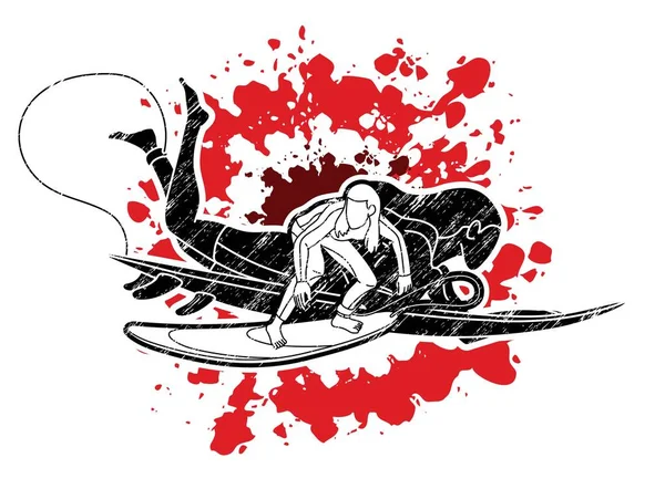 サーフィンスポーツ女性選手のグループアクション漫画グラフィックベクトル — ストックベクタ