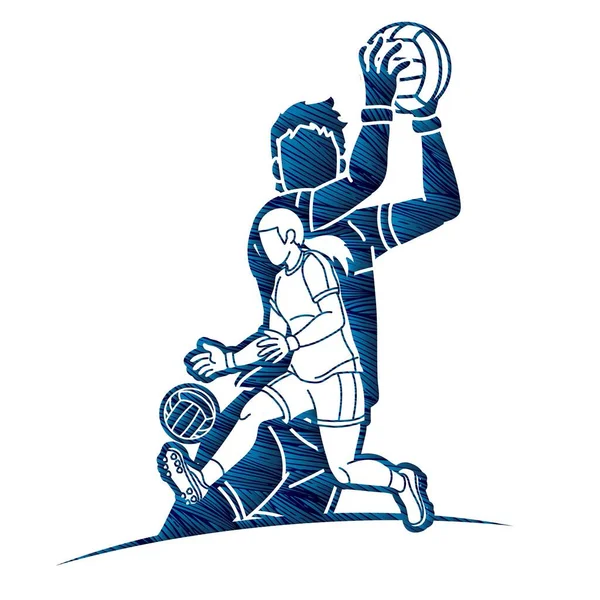 Группа Гэльских Футболистов Мужского Женского Пола Sport Action Graphic Vector — стоковый вектор