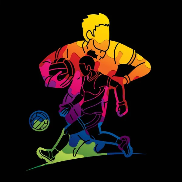Gruppe Gälischer Fußballspieler Und Spielerinnen Sport Action Cartoon Graphic Vector — Stockvektor