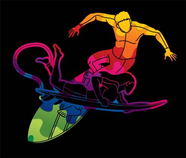 Sörf Spor Erkek ve Kadın Oyuncuları Sörf Eylem Grubu Çizgi Filmi Grafik Vektörü