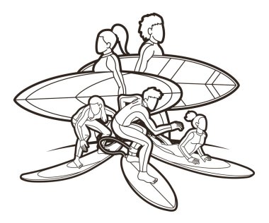 Sörf Spor Erkek ve Kadın Oyuncuları Sörf Eylem Grubu Çizgi Filmi Grafik Vektörü