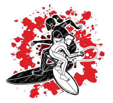 Sörf Spor Erkek ve Kadın Oyuncuları Sörf Eylem Grubu Çizgi Filmi Grafik Vektörü