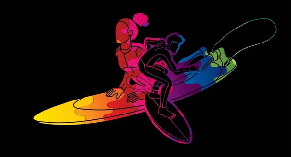 Surfer Action Group Surfing Αθλητισμός Ανδρική Και Γυναικεία Παίκτες Γελοιογραφία — Διανυσματικό Αρχείο