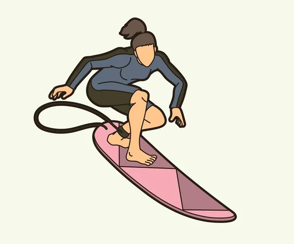 Surfer Surfing Deporte Jugadora Acción Dibujos Animados Vector Gráfico — Archivo Imágenes Vectoriales