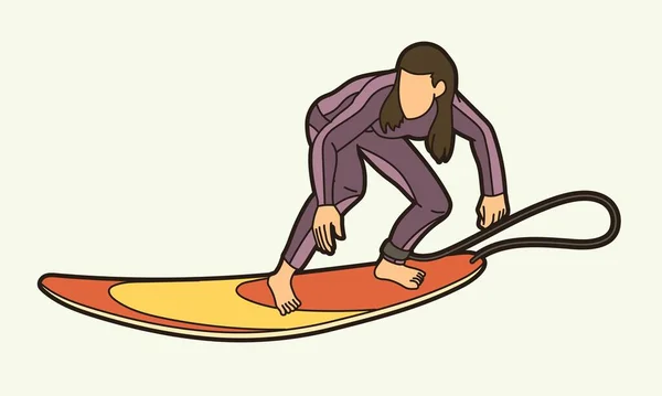 Sörfçü Sport Kadın Oyuncu Eylem Çizgi Filmi Grafik Vektörü — Stok Vektör