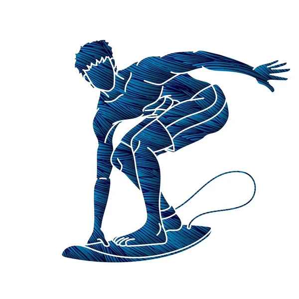 Surfer Surfen Sport Männlicher Spieler Action Cartoon Graphic Vector — Stockvektor