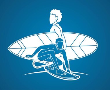 Sörf Sporu Oyuncuları Grubu Çizgi Film Grafik Vektörü