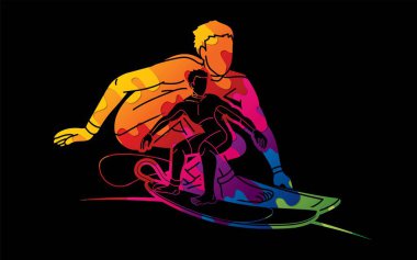 Sörf Sporu Oyuncuları Grubu Çizgi Film Grafik Vektörü