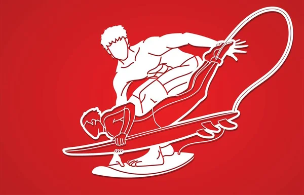 Groep Van Surfen Sport Mannen Spelers Actie Cartoon Grafische Vector — Stockvector
