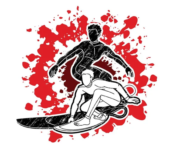 Grupo Surf Deporte Hombres Jugadores Acción Dibujos Animados Vector Gráfico — Archivo Imágenes Vectoriales