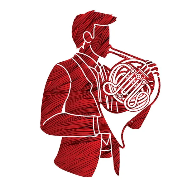 Französisch Horn Musiker Orchester Instrument Graphic Vector — Stockvektor