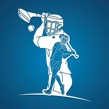İrlanda Hurley Spor. Hurling Sport Players Action Grubu. Çizgi film Grafik Vektörü