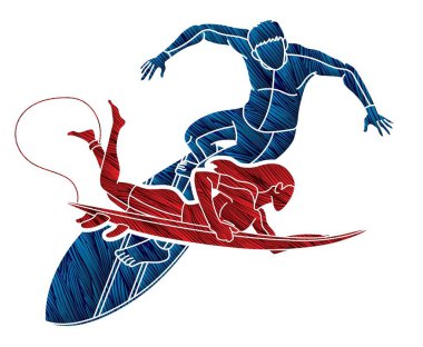 Sörf Spor Erkek ve Kadın Oyuncuları Sörf Eylem Grubu Çizgi Filmi Grafik Vektörü