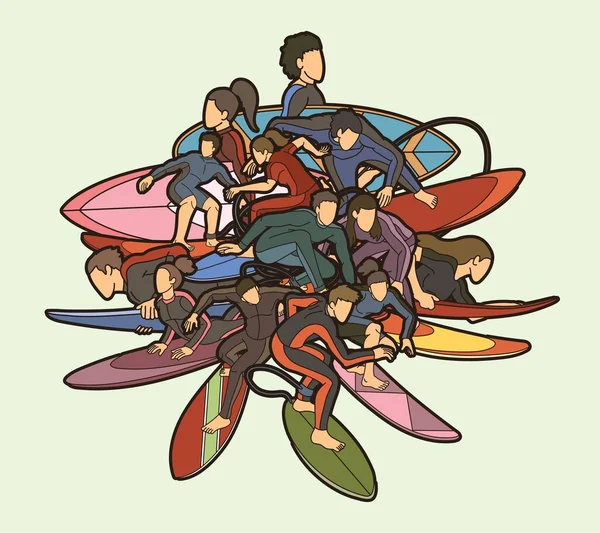 Surfer Action Group Surfing Sport Mannelijke Vrouwelijke Spelers Cartoon Graphic — Stockvector