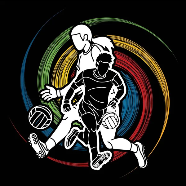 ゲール語サッカー男性と女性の選手スポーツミックスアクション漫画グラフィックベクトル — ストックベクタ