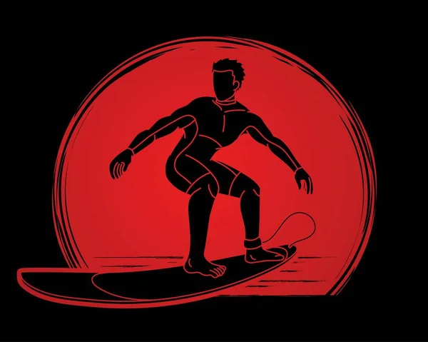 Man Surfer Surfen Sport Actie Tekenfilm Grafische Vector — Stockvector