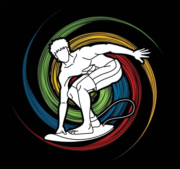 男性サーファーサーフィンスポーツアクション漫画グラフィックベクター — ストックベクタ