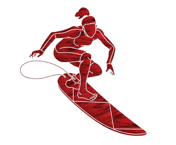 Kobieta Surfer Surfing Sport Action Cartoon Graficzny Wektor — Wektor stockowy