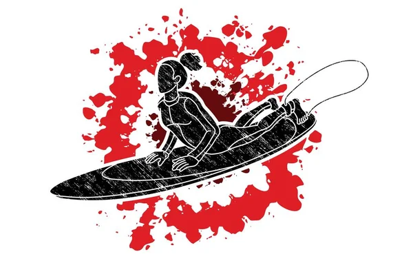 女性サーファーサーフィンスポーツアクション漫画グラフィックベクトル — ストックベクタ
